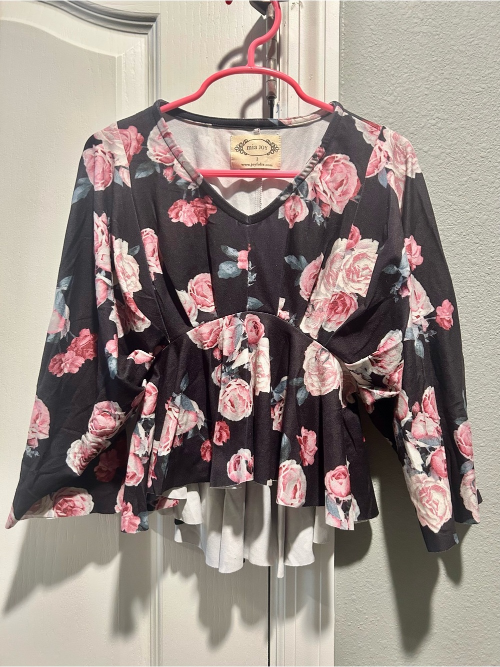 Black Floral V-Neck Peplum Girls Top - Pink Rose Print